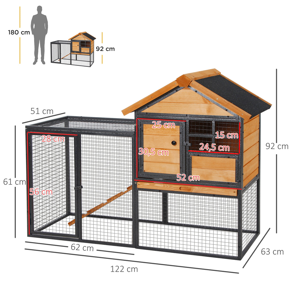 Coelheira Gaiola externa para pequenos animais de estimação 2 níveis com bandeja removível de madeira e rampa de metal 122x63x92 cm para coelhos cobaios de madeira e cinza — foto 3