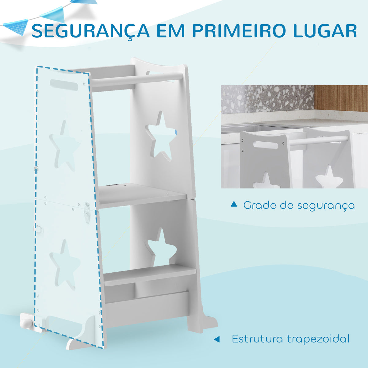 Torre de Aprendizagem 2 em 1 Torre de Aprendizagem para Crianças acima de 3 Anos Convertível em Mesa e Cadeira com Barreira de Segurança 60x44,5x86 cm Branco — foto 4
