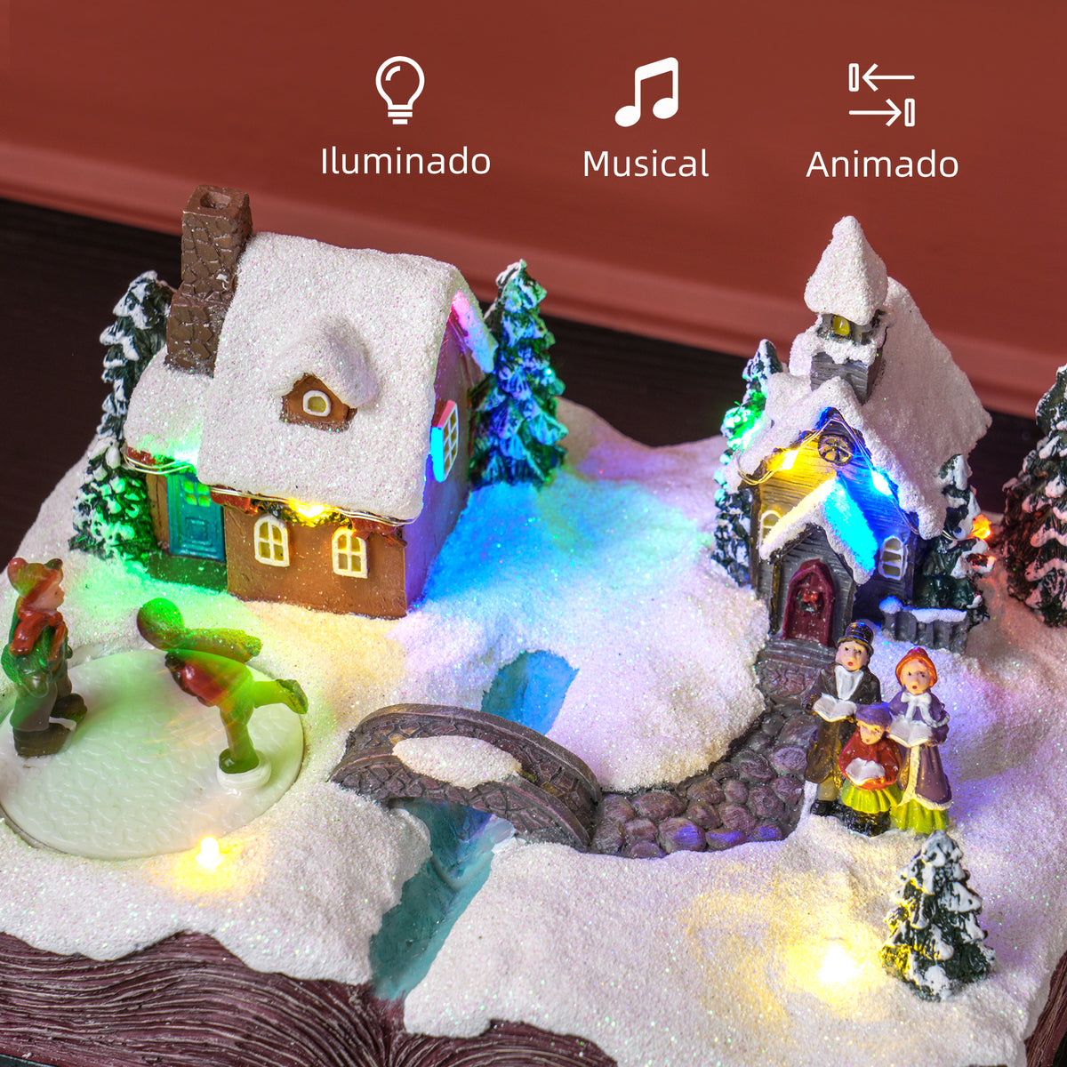 Aldeia de Natal Cena Natalícia com Luzes LED Música e Patinadores Giratórios Decoração de Natal 23x18x15 cm Multicor — foto 5