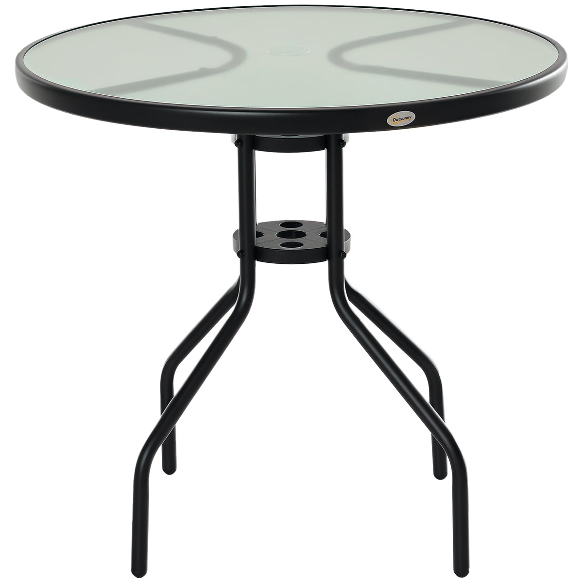 Mesa de Jardim Redonda Mesa Sala de Jantar de Cristal Temperado com Orifício para Chapéu de Sol Estrutura Metálica para Pátio Terraço Exterior Ø80x72cm Preto — foto 1