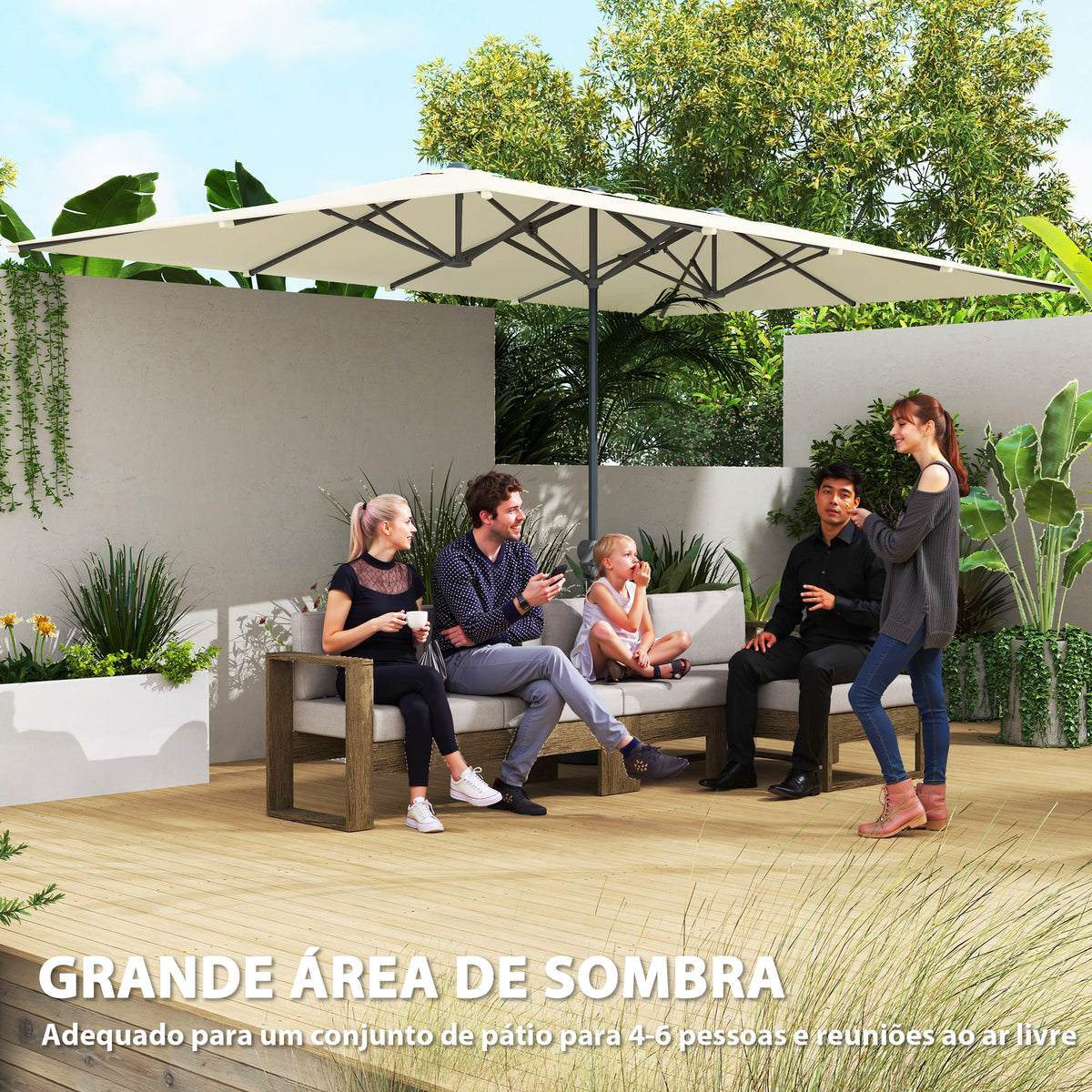 Chapéu de Sol Duplo 4,5x2,6 m Chapéu de Sol de Jardim com Manivela Mastro de Alumínio Impermeável e Proteção UV50+ Chapéu de Sol Grande para Exterior Piscina Creme — foto 4