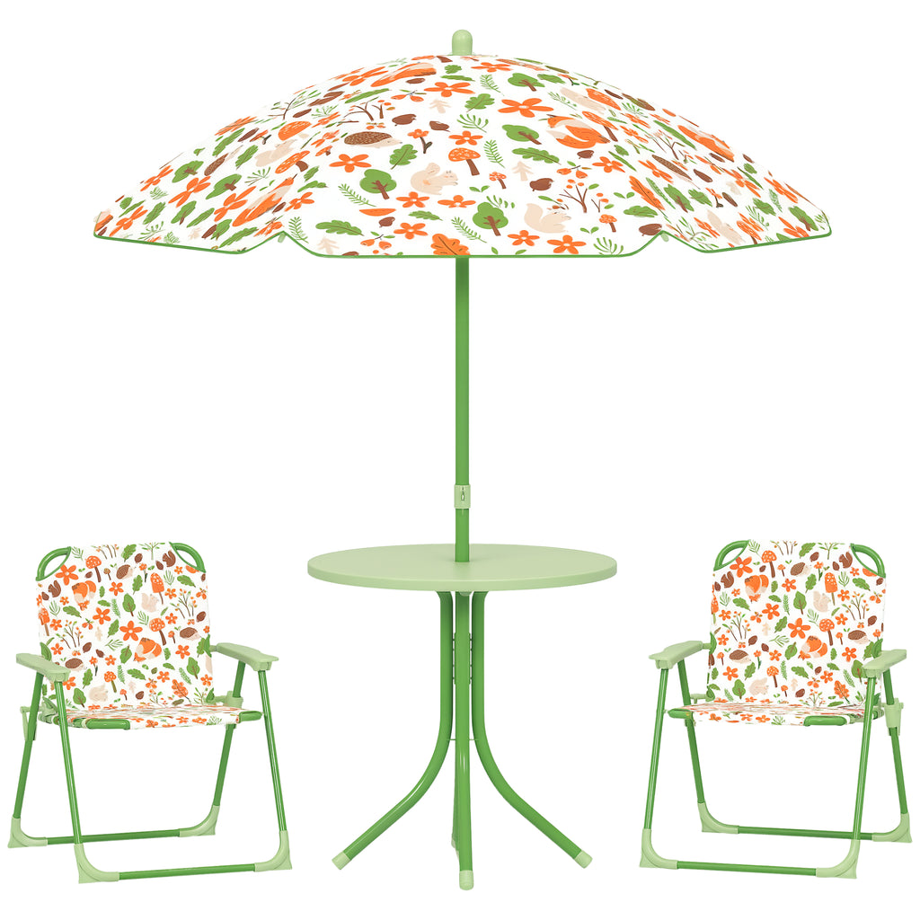 Conjunto de Mesa e Cadeiras para Crianças de Jardim Mesa Infantil com Cadeiras Dobráveis Chapéu de Sol Ajustável e Desenho de Raposas para Pátio Piquenique Verde — foto 1