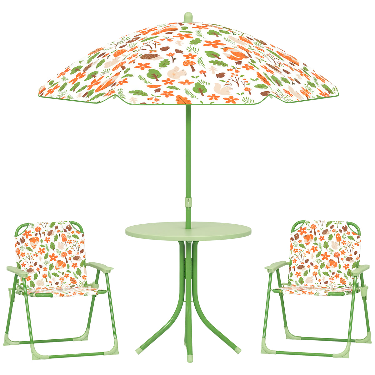 Conjunto de Mesa e Cadeiras para Crianças de Jardim Mesa Infantil com Cadeiras Dobráveis Chapéu de Sol Ajustável e Desenho de Raposas para Pátio Piquenique Verde — foto 1