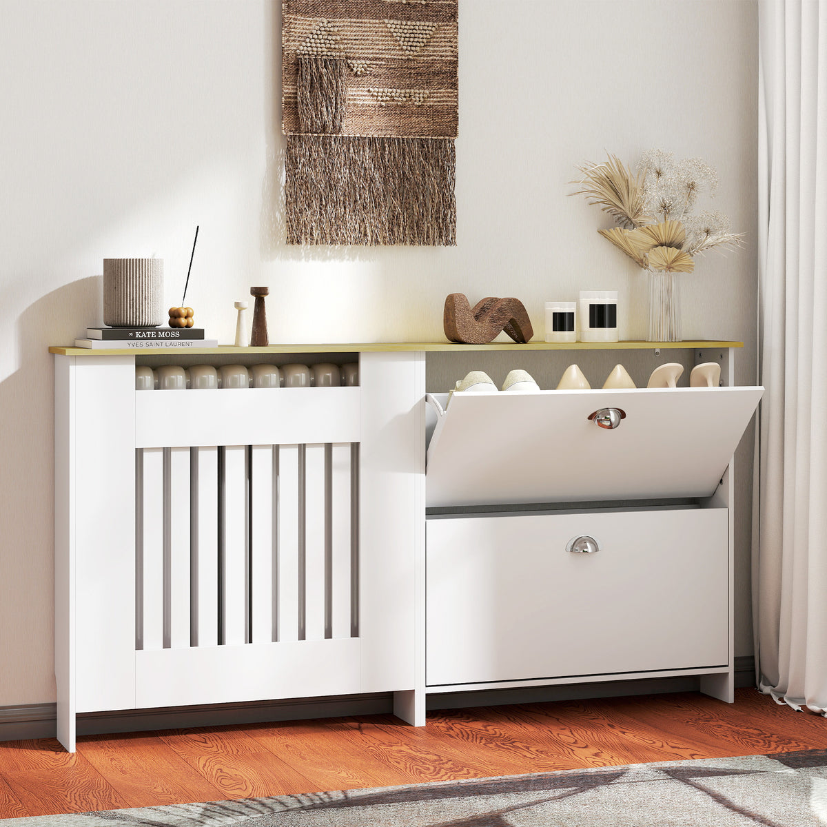 Cobertura Radiadores com Sapateira Cobertura para Radiador de MDF 152x19x81 cm Cobertura para Radiador com 2 Gavetas Rebatíveis Desenho Moderno de Ripas para Sala Quarto Branco — foto 2