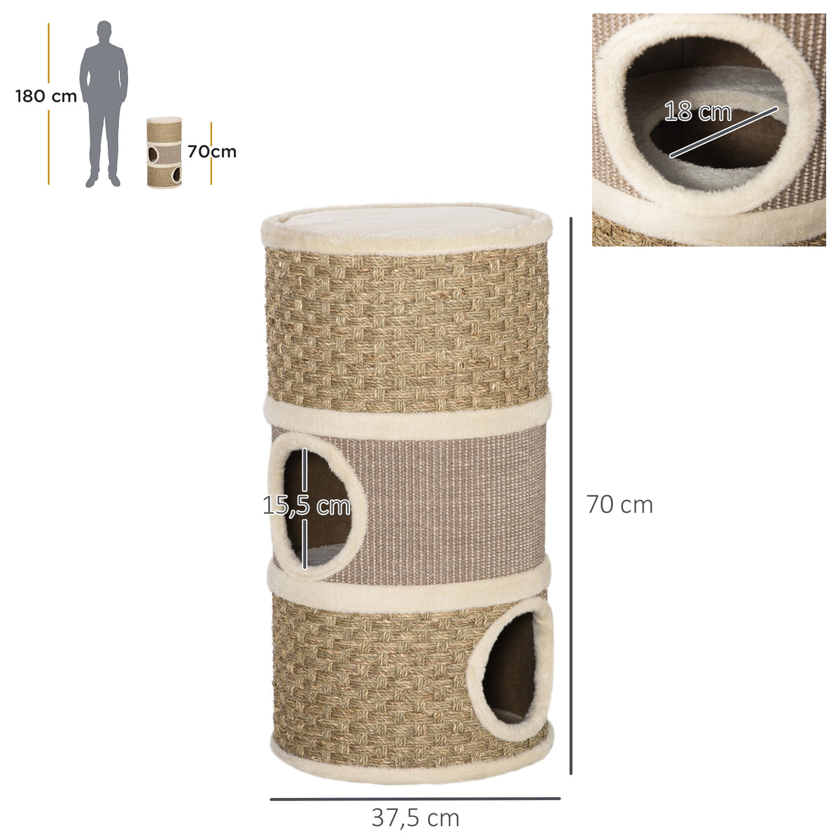 Torre Arranhadora para Gatos de 3 Níveis, Altura 70 cm, Cama para Gatos com Sisal, Móvel Arranhador, Ø37,5x70 cm, Caqui e Castanho — foto 3