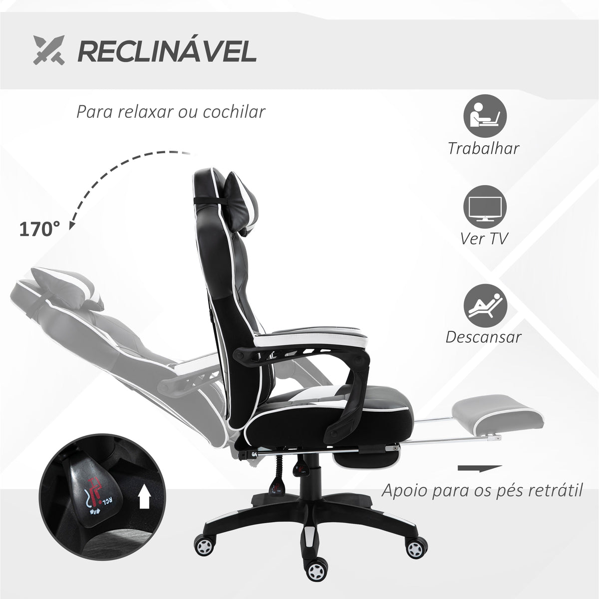 Cadeira de escritorio gaming ergonômica Altura ajustável Reclinável Encosto com apoio para pés Encosto de cabeça Almofada lombar Rodas 65x70x118,5-126,5 cm Branco e Preto — foto 5