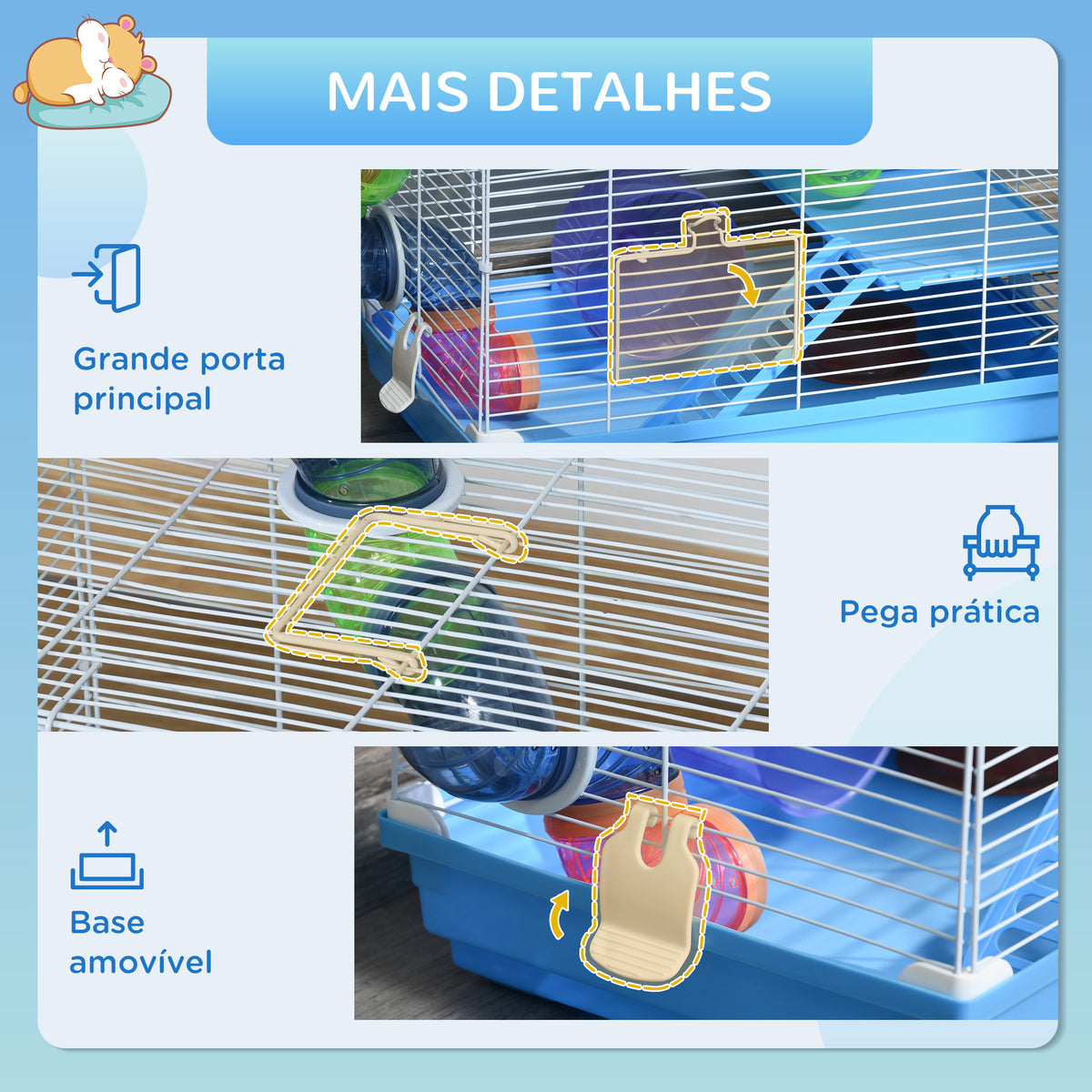 Gaiola para Hamster, Casa para Hamster com Túnel, Comedouro, Bebedouro, Casinha, Rampa, Roda de Exercício, Plataforma e Alça, Bandeja Removível, para Ratos e Gerbos, 46x30x37 cm, Azul — foto 6