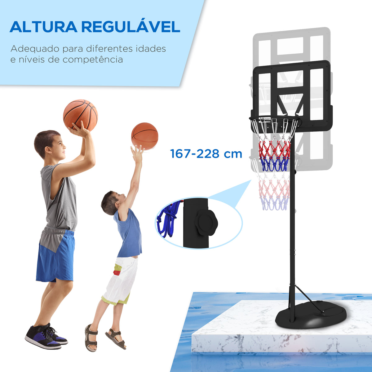 Tabela de Basquetebol com Altura Ajustável 216-277 cm Aro de Basquetebol para Exterior com Rodas e Base Recarregável para Adolescentes Preto — foto 5