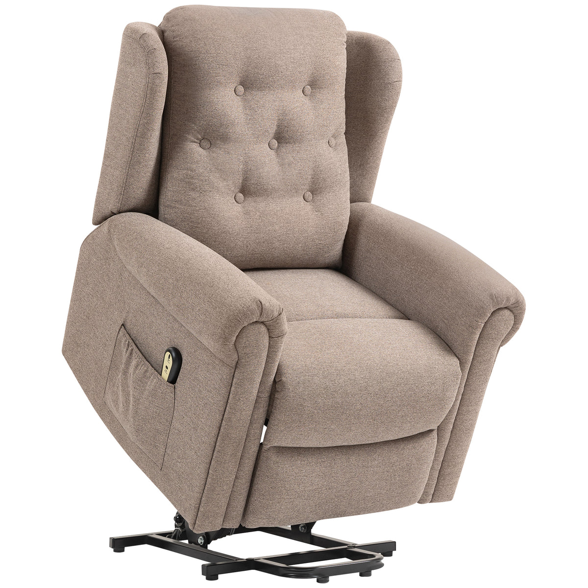 Poltrona Relax Reclinável Elétrica Poltrona Elevatória com Encosto Alto Capitonê Controlo Remoto Estofada em Linho e Bolsos Laterais 85x91x103 cm Marrom Claro — foto 1
