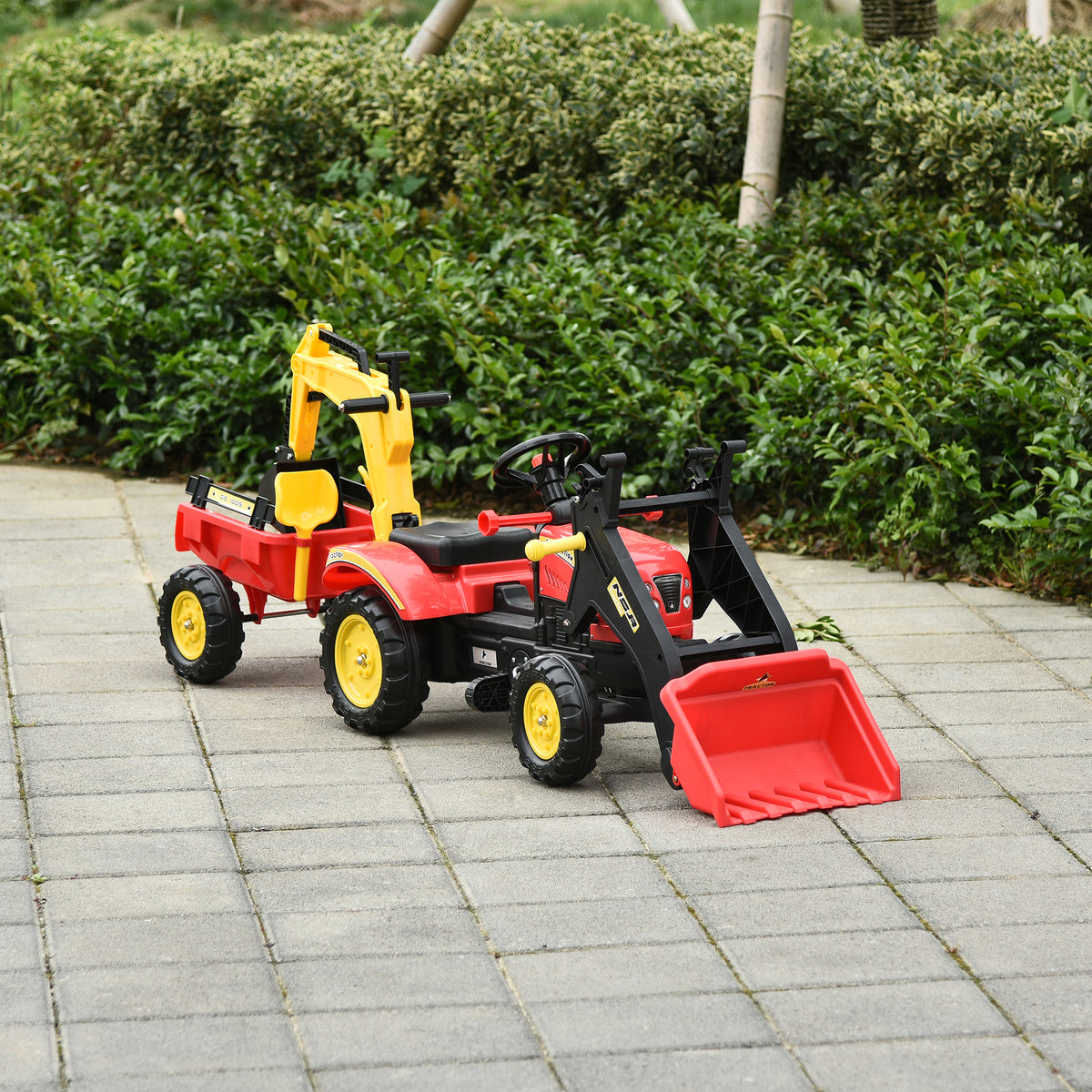 Trator de pedais com reboque escavadeira com pá frontal de brinquedo de condução para crianças acima de 3 anos Direção e pás de fácil controle Suporta até 35 kg 179x42x59 cm Vermelho — foto 2