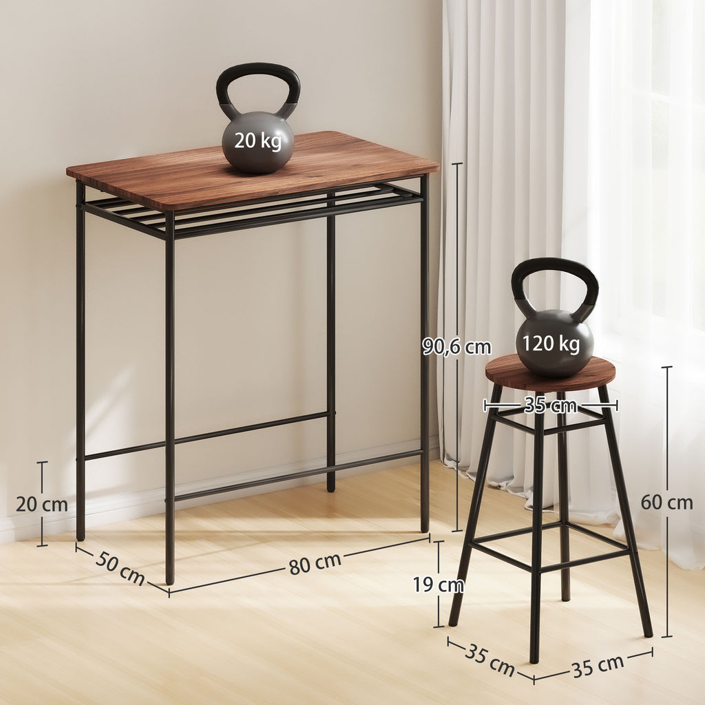 Conjunto de Mesa e Bancos de Bar Mesa Alta de Cozinha com 2 Bancos Industrial Prateleira Aberta Apoio para Pés Economia de Espaço para Espaços Reduzidos Sala de Estar Castanho — foto 3