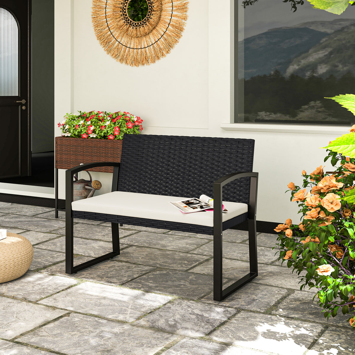 Banco de Jardim em Vime Sintético de 2 Lugares Banco de Exterior com Almofada Apoio para os Braços Carga 240 kg para Varanda Pátio 103x58x78 cm Preto e Bege — foto 2