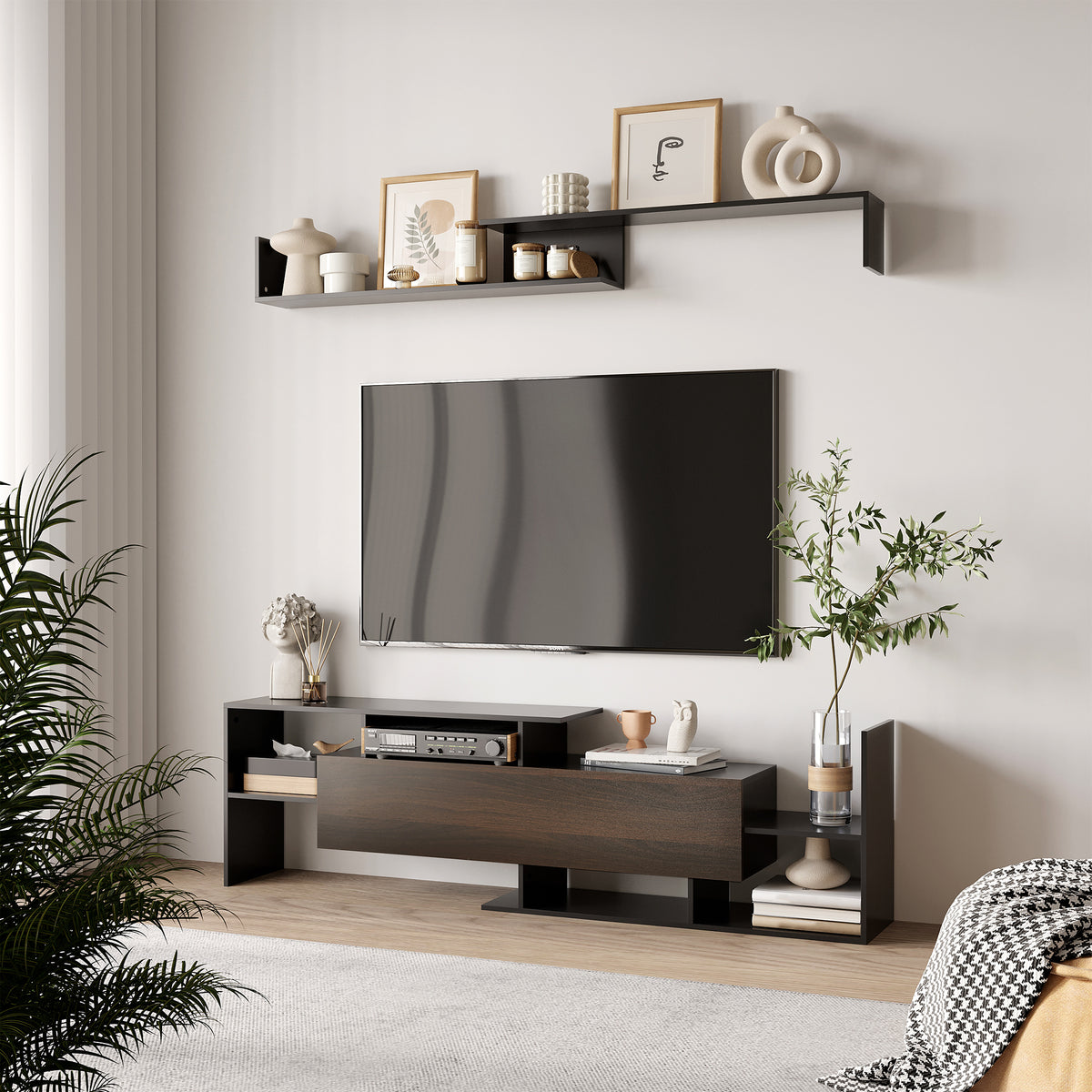 Móvel de TV Moderno Móvel de Sala de Estar para Televisores 153,6x25x42cm e Prateleira de Parede 150x14,5x16,3 cm Preto — foto 2