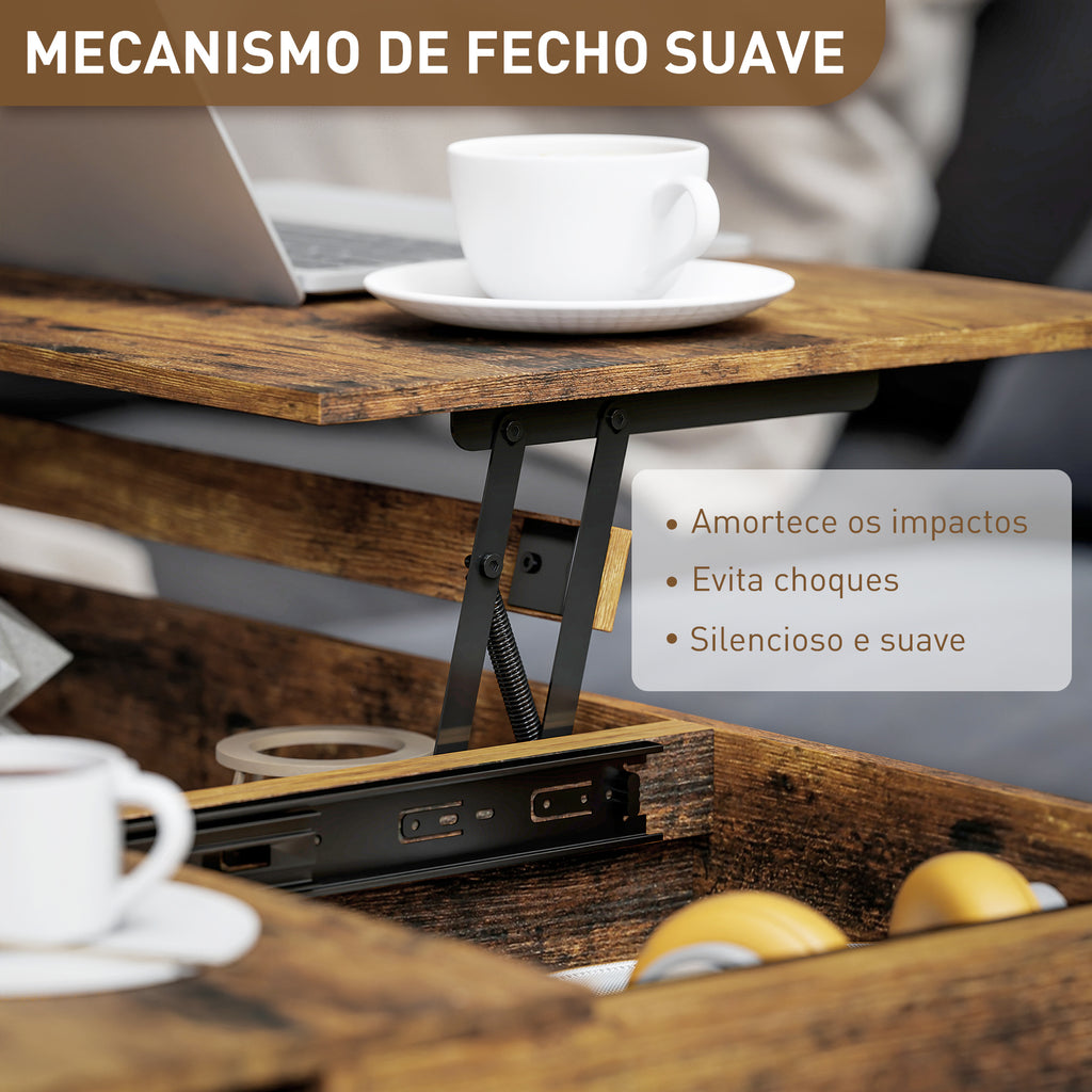 Mesa de Centro Elevatória Mesa de Café com Bancada Deslizante Fecho Suave e Espaço Oculto de Arrumação 100x45x67 cm Castanho Rústico — foto 5