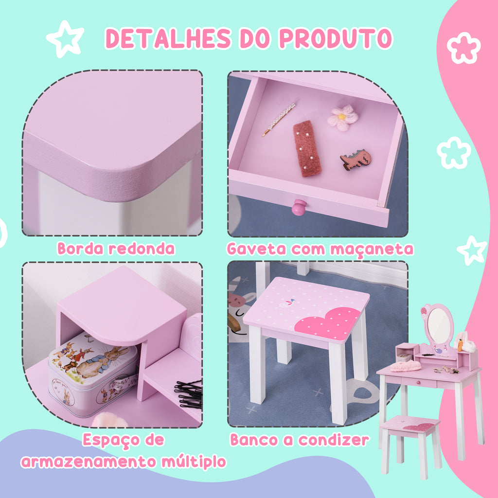 Penteadeira Infantil com Banco e Espelho Tipo Princesa Mesa de Maquilhagem de Madeira Rosa Brinquedo para Meninas 3+ Anos 60x34x93 cm — foto 6