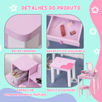 Penteadeira Infantil com Banco e Espelho Tipo Princesa Mesa de Maquilhagem de Madeira Rosa Brinquedo para Meninas 3+ Anos 60x34x93 cm — foto 6