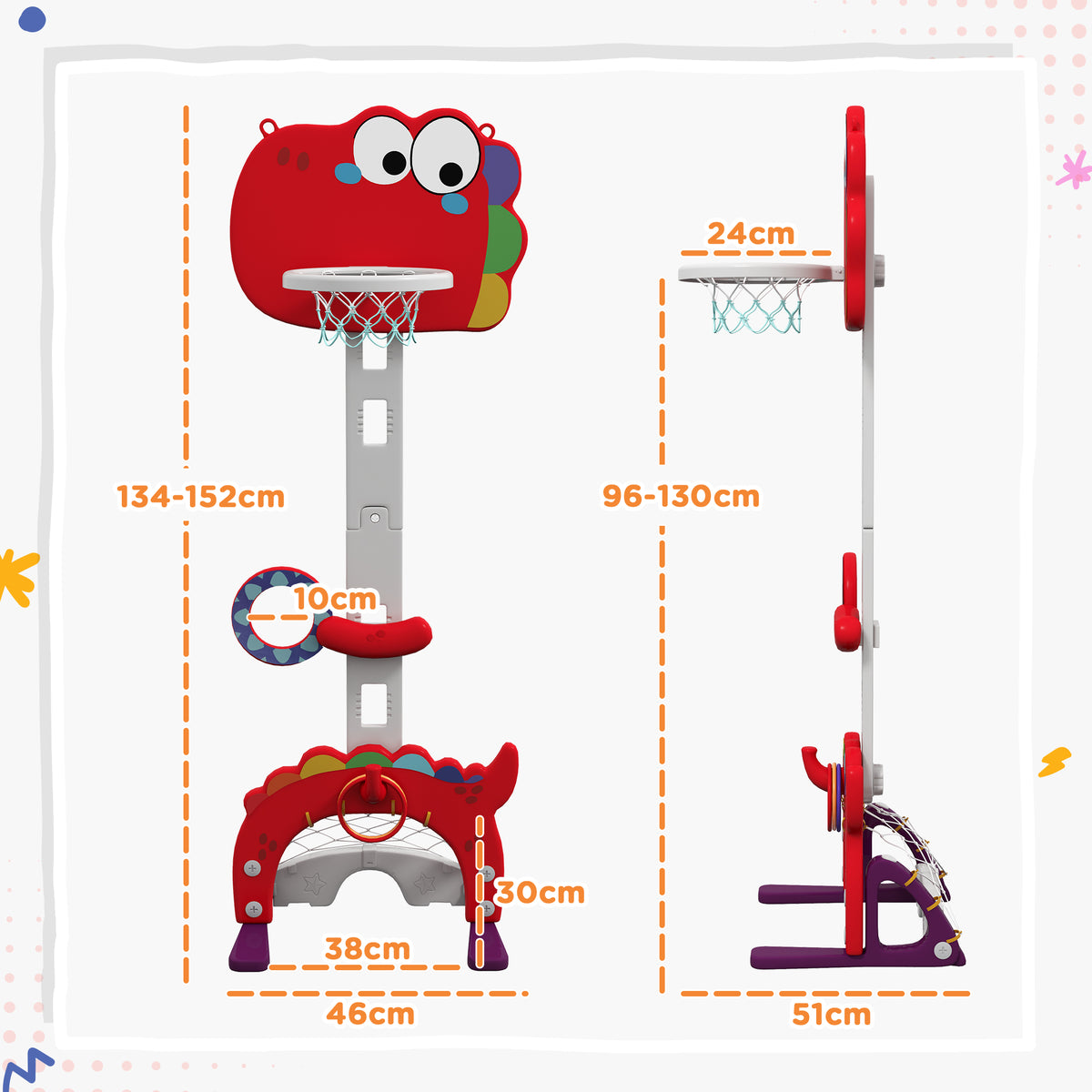 Tabela de Basquetebol Infantil 5 em 1 Tabela de Bssquetebol para Crianças com Altura Ajustável Futebol Golf Aros Jogo de Lançamento de Bola Interior 46x51x134-152 cm Vermelho — foto 3