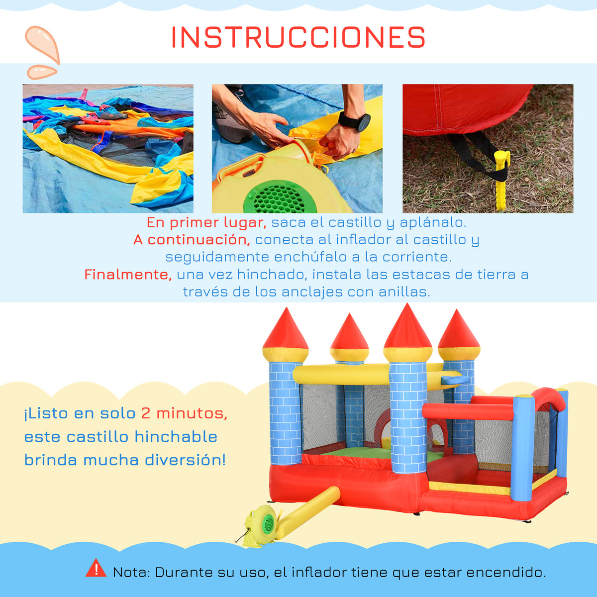 Castelo inflável Infantil com Escorrega Trampolim Insuflador e Bolsa de Transporte para Interior e Exterior 280x260x210 cm Multicolor — foto 5