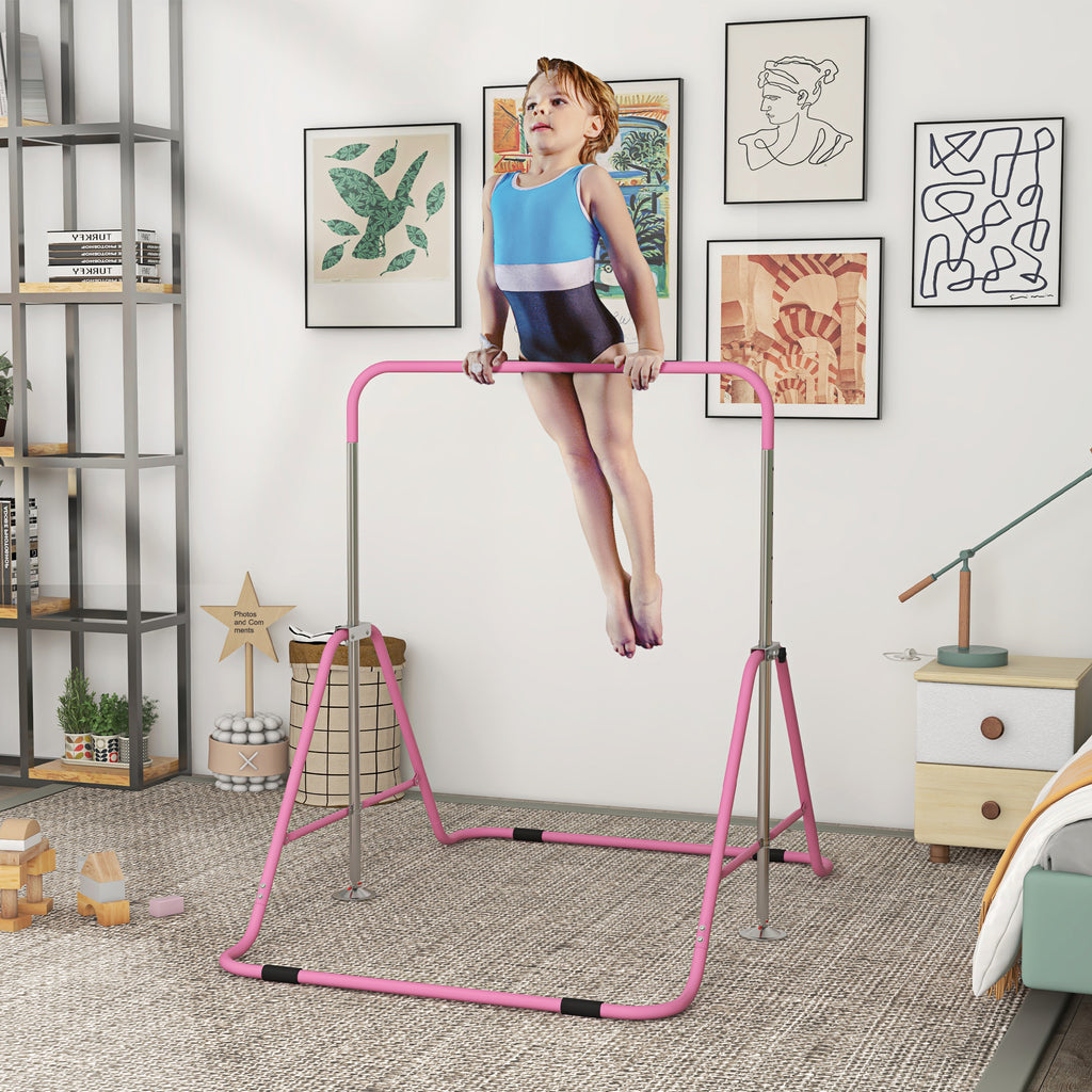 Barra de Ginástica Artística Barra Horizontal Dobrável com Altura Ajustável Equipamento de Ginástica para Treino em Casa para Crianças 154x106,2x88,5-128,5 cm Rosa — foto 2