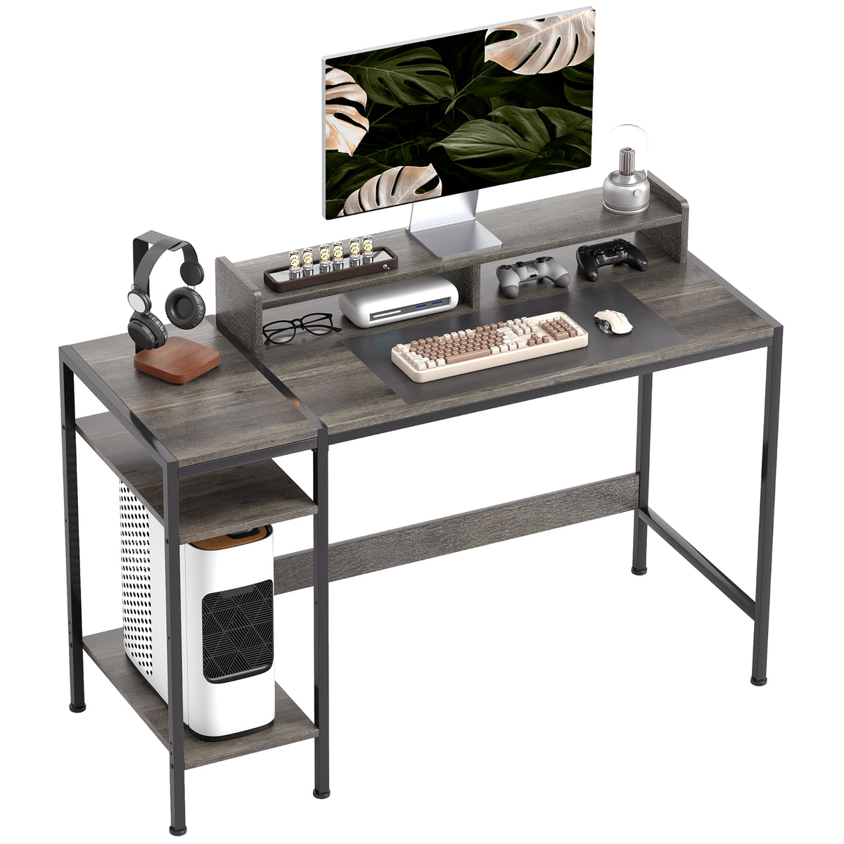 Secretária Moderna Mesa de Computador com Prateleiras Laterais Suporte para Monitor Ajustável e Estrutura Móvel para Casa Escritório Estúdio 120x48x85,5 cm Madeira Acinzentada — foto 1