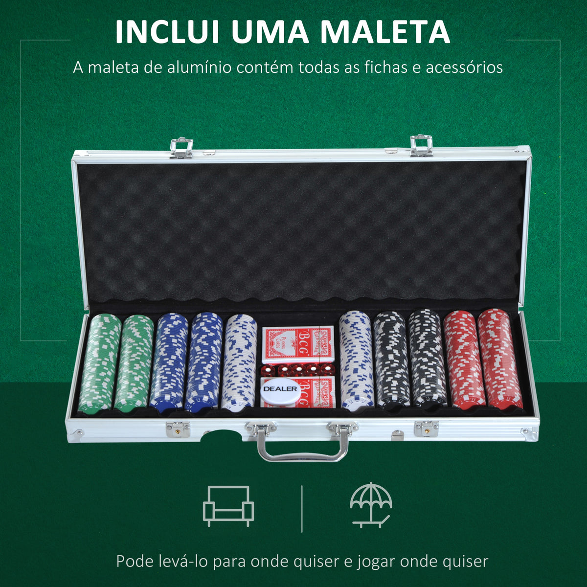 Mala de Poker Profissional com 500 Fichas Jogo de Poker Casino com Maleta de Alumínio 5 Dados 2 Baralhos de Cartas e 1 Ficha de Dealer 55,5x22x6,5cm Multicor — foto 5