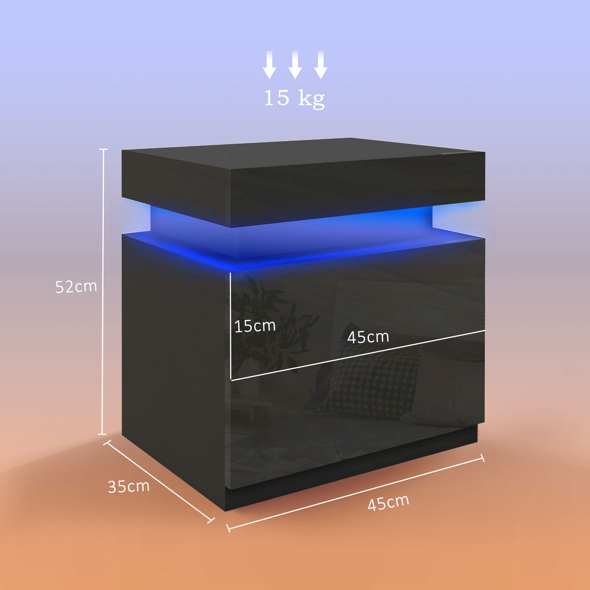 Mesa de Cabeceira com Luz LED Mesa de Cabeceira com Painel de Alto Brilho 2 Gavetas e Controlo Remoto para Sala de Estar Dormitório 45x35x52 cm Preto — foto 3