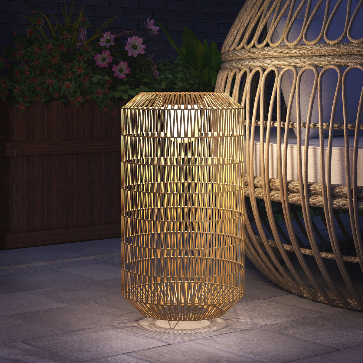 Candeeiro de Jardim em Vime Sintético Candeeiro Solar com Luzes LED Ligação e Desligação Automática Desenho Boémio Impermeável para Exterior Pátio Ø30x55 cm Madeira — foto 2