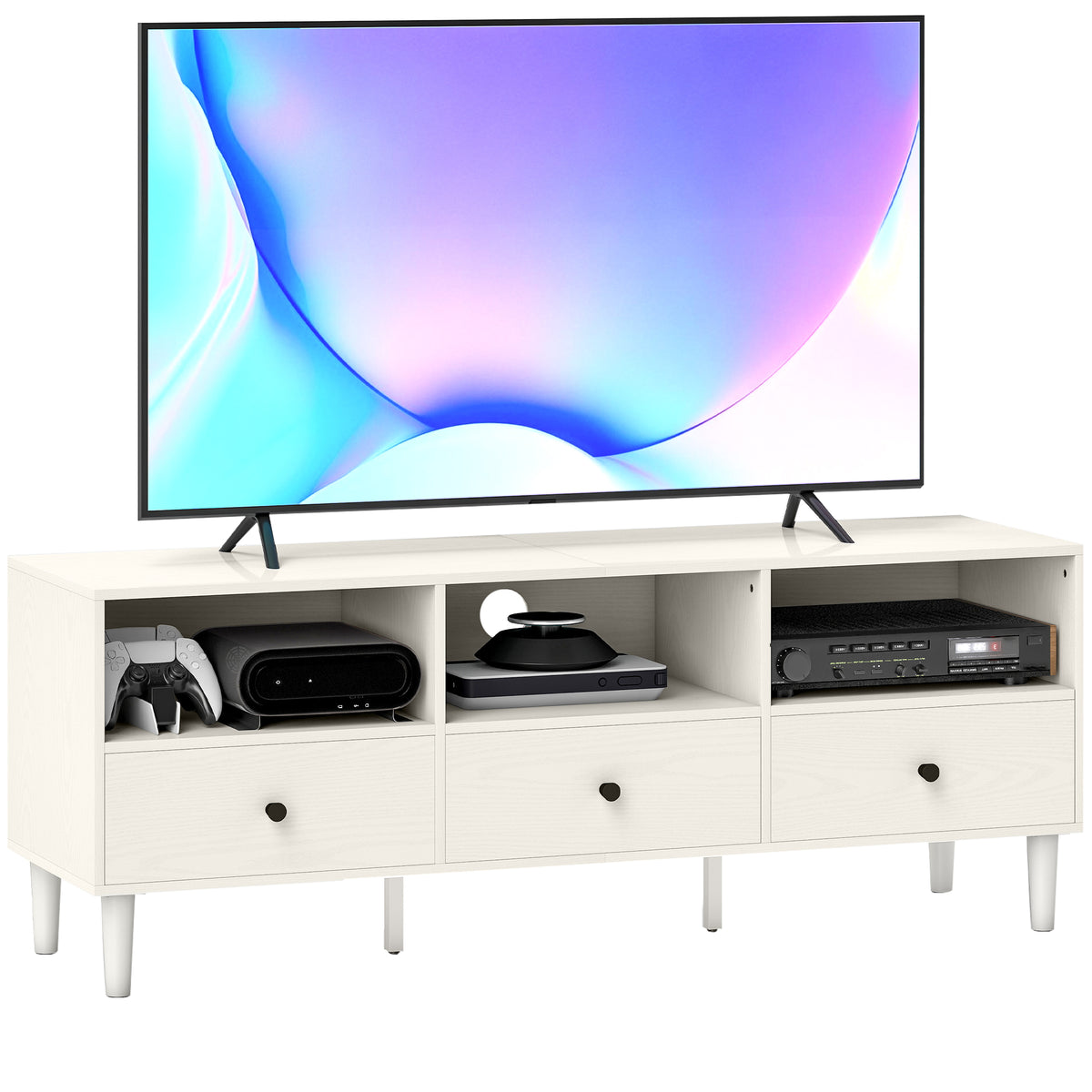 Móvel de TV Moderno Móvel de TV para Sala de Estar com 3 Compartimentos Abertos 3 Gavetas e Orifício para Cabos para Televisão de 45/55/65 Polegadas 120x34x45 cm Branco — foto 1