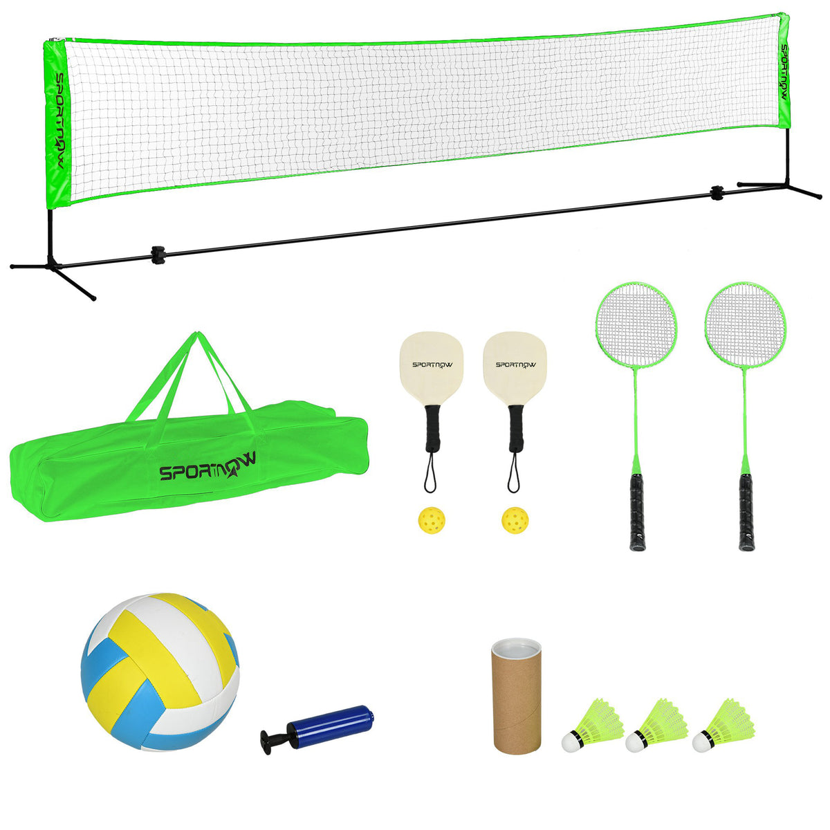 Kit de Badminton de 7 Peças Jogo de Badminton com 2 Raquetes 3 Badminton 2 Raquetes de Pickleball 2 Bolas de Pickleball Bola de Voleibol e Rede com Suporte Preto e Verde — foto 1