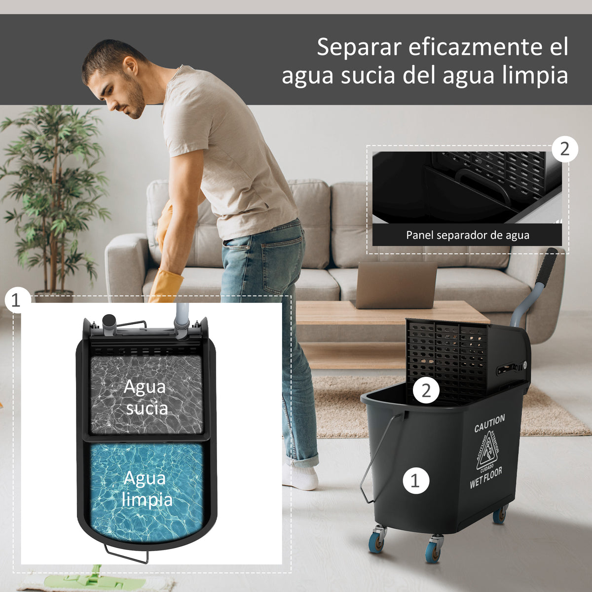 Balde de Limpeza 20L com Rodas e Espremedor Balde para Esfregona com Separador de Água 60x27x70,5 cm Preto — foto 5