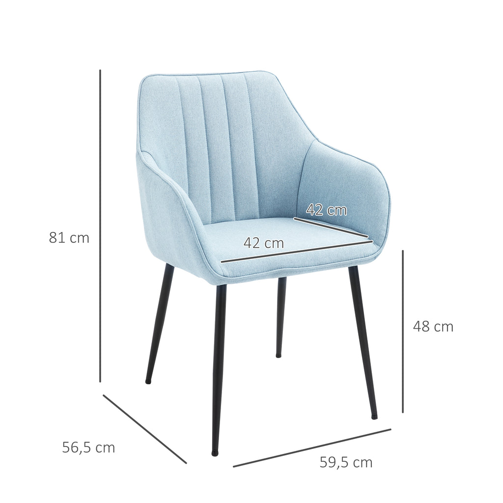 Conjunto de 2 Cadeiras de Sala de Jantar Estofadas em Linho Cadeiras de Cozinha com Encosto Apoio para os Braços e Pés de Metal 59,5x56,5x81 cm Azul — foto 3