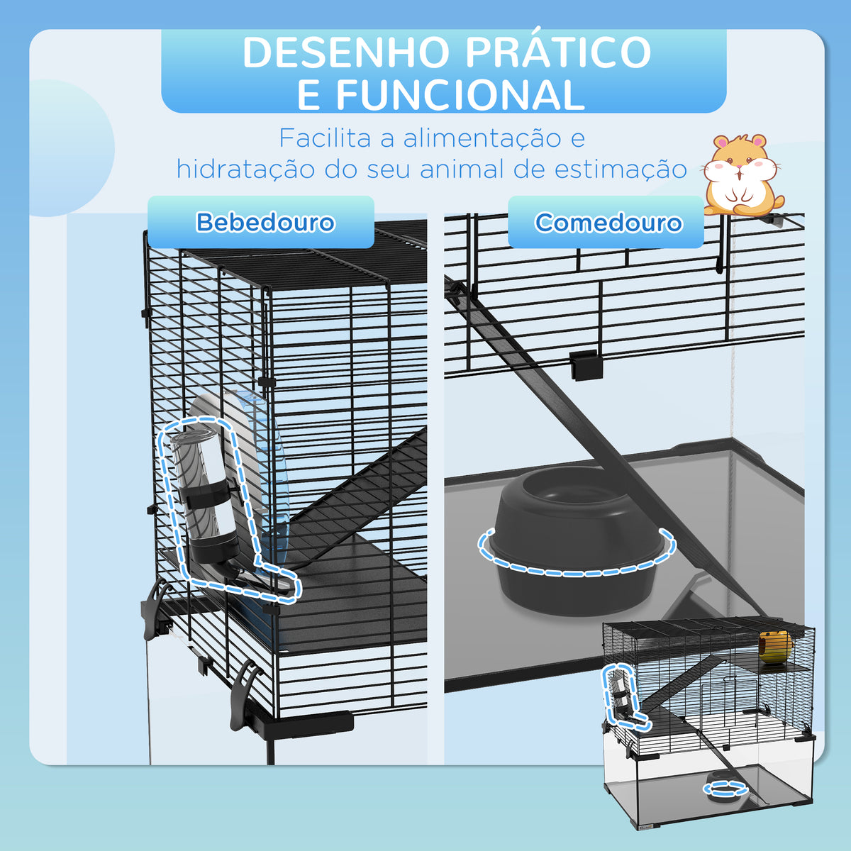 Gaiola para Hamster Gaiola para Roedores Pequenos com Fundo de Vidro Plataformas Comedouro Bebedouro Casa Rampas e Roda de Exercício 60x40x54,5 cm Preto — foto 5