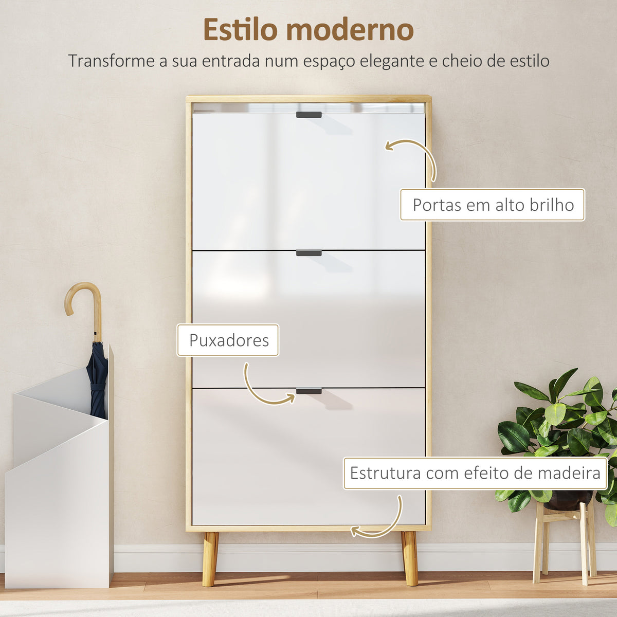 Sapateira Estreita com 3 Portas em Branco Brilhante Sapateira de Entrada com Prateleiras Ajustáveis e Pernas de Madeira para 18 Pares de Sapatos 60x24x127 cm Branco — foto 4