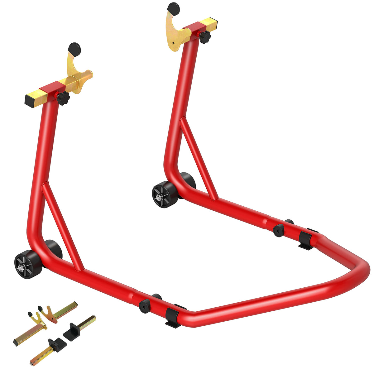 Cavalete Elevador Universal Suporte Roda Traseira Mota de Aço Resistente Carga 544 kg com Forquilhas em U e L Ajustáveis Rodas e Almofadas Antiderrapantes para Reparação e Estacionamento 58,5x34,5x69 cm Vermelho — foto 1