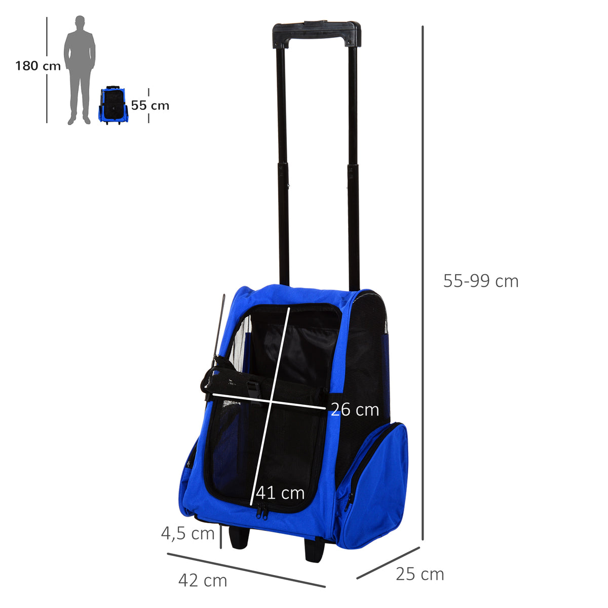 Transportadora 2 em 1 para Animais de Estimação Mochila ou Carrinho de Viagem para Cães e Gatos com 2 Rodas Alça Retrátil de Alumínio e Bolso de Armazenamento 42x25x55cm Azul — foto 3