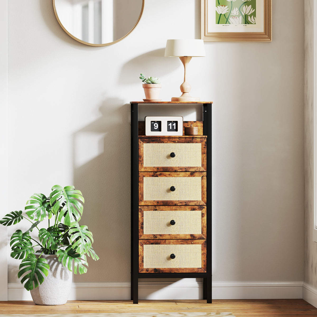 Cómoda de Tecido Cómoda para Dormitório com 4 Gavetas com Frente em Vime Prateleira e Estrutura em Aço para Sala de Estar 50x30x126 cm Marrom Rústico — foto 8
