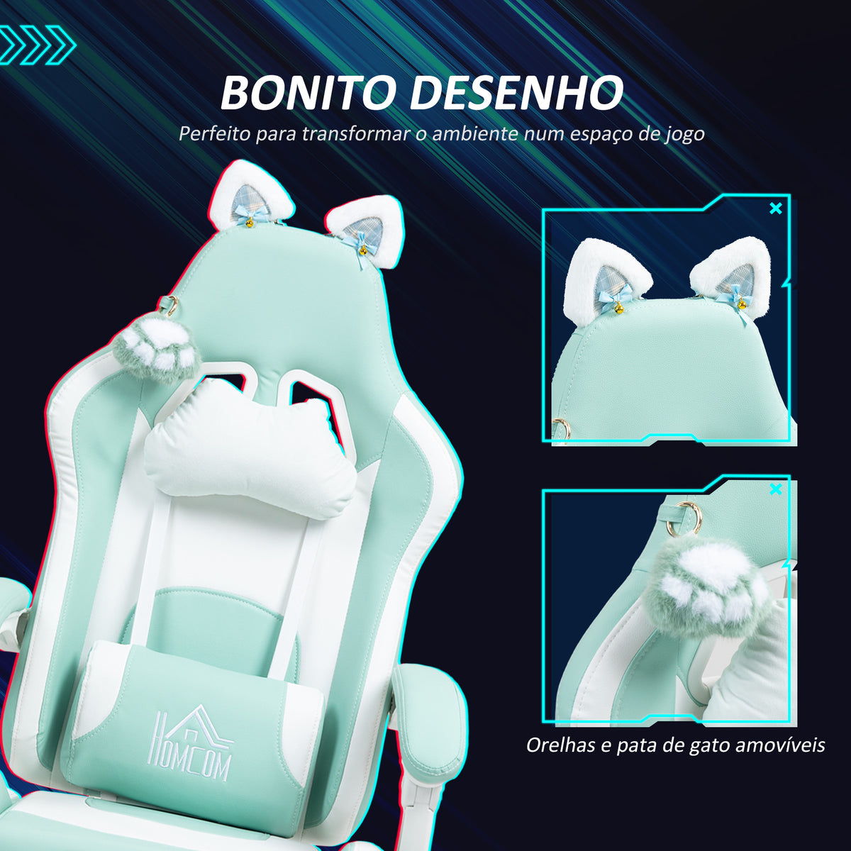 Cadeira Gaming com Orelhas Cadeira Gamer Reclinável com Altura Ajustável Apoio para os Pés Retrátil Suporte Lombar e Apoio para a Cabeça Desmontável Cadeira para Escritório 65x62x116-124 cm Azul — foto 4
