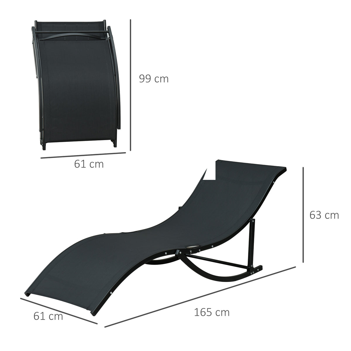 2 espreguiçadeiras dobráveis ​​ergonômicas em forma de S com estrutura de alumínio Textilene para piscina terraço jardim 165x61x63 cm Preto — foto 3