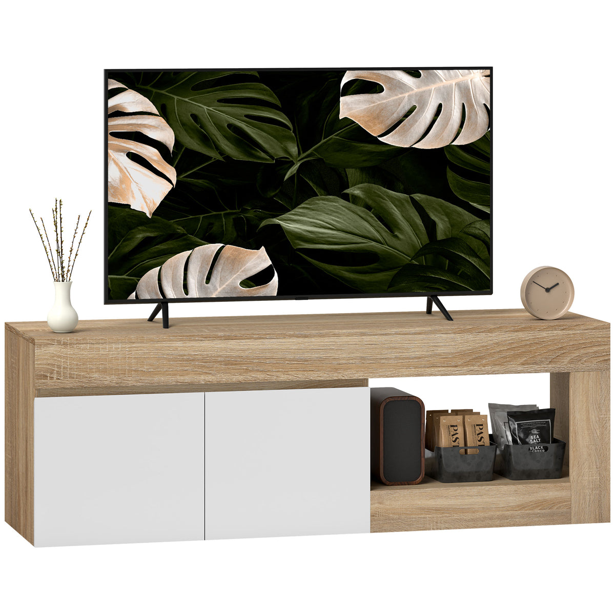 Móvel de TV Mobiliário de TV com 2 Portas Prateleira Aberta Móvel de TV de Sala de Estar para Televisóres de 60 Polegadas 140x40x48 cm Branco e Madeira - Modelo 1 — foto 1