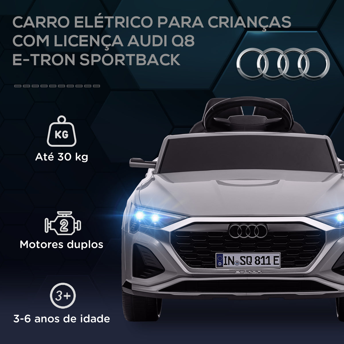 Carro Elétrico para Crianças acima de 3 Anos Carro Audi Q8 Etron Sportback Infantil com Bateria 12V Controlo Remoto Faróis Buzina e Música 98x49,5x43 cm Cinza — foto 4