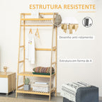 Suporte para Cabides de Bambu Cabideiro com Prateleira de 3 Níveis com Barra e Cabide Lateral para Roupas Bolsas 70x42x164cm Madeira — foto 7