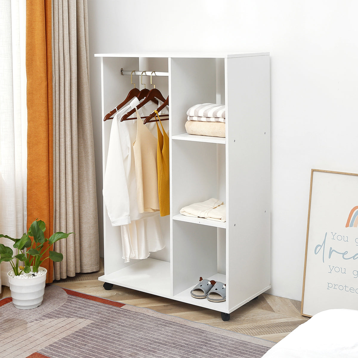 Roupeiro de Madeira Móvel Armário Roupeiro Aberto com Barra para Pendurar e 3 Prateleiras Organizadoras para Dormitório 80x40x128cm Branco — foto 2