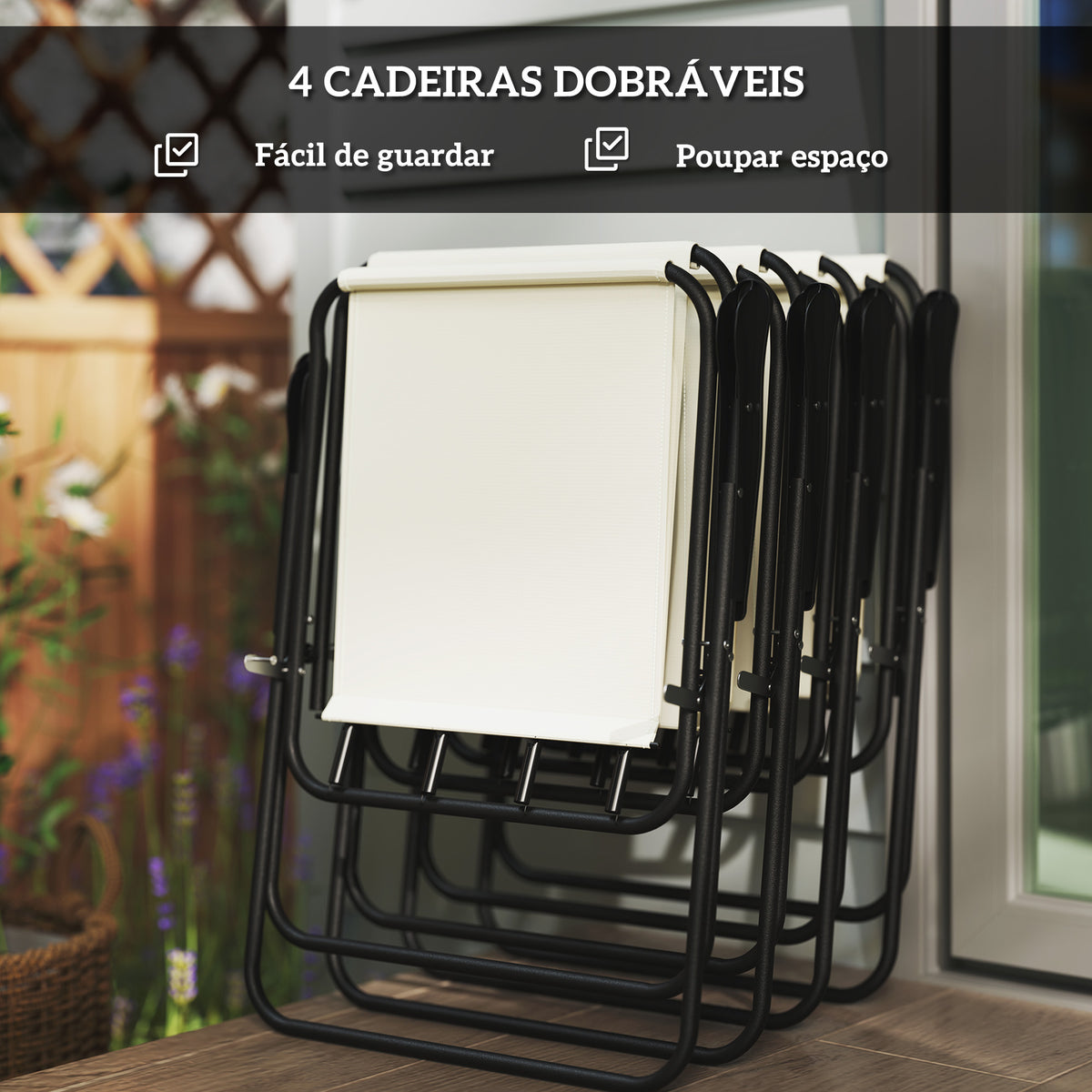 Conjunto de Mesa e Cadeiras de Jardim de 6 Peças Móveis de Jardim Exterior com 4 Cadeiras Dobráveis Mesa de Vidro e Chapéu de Sol para Terraço Pátio Creme — foto 5