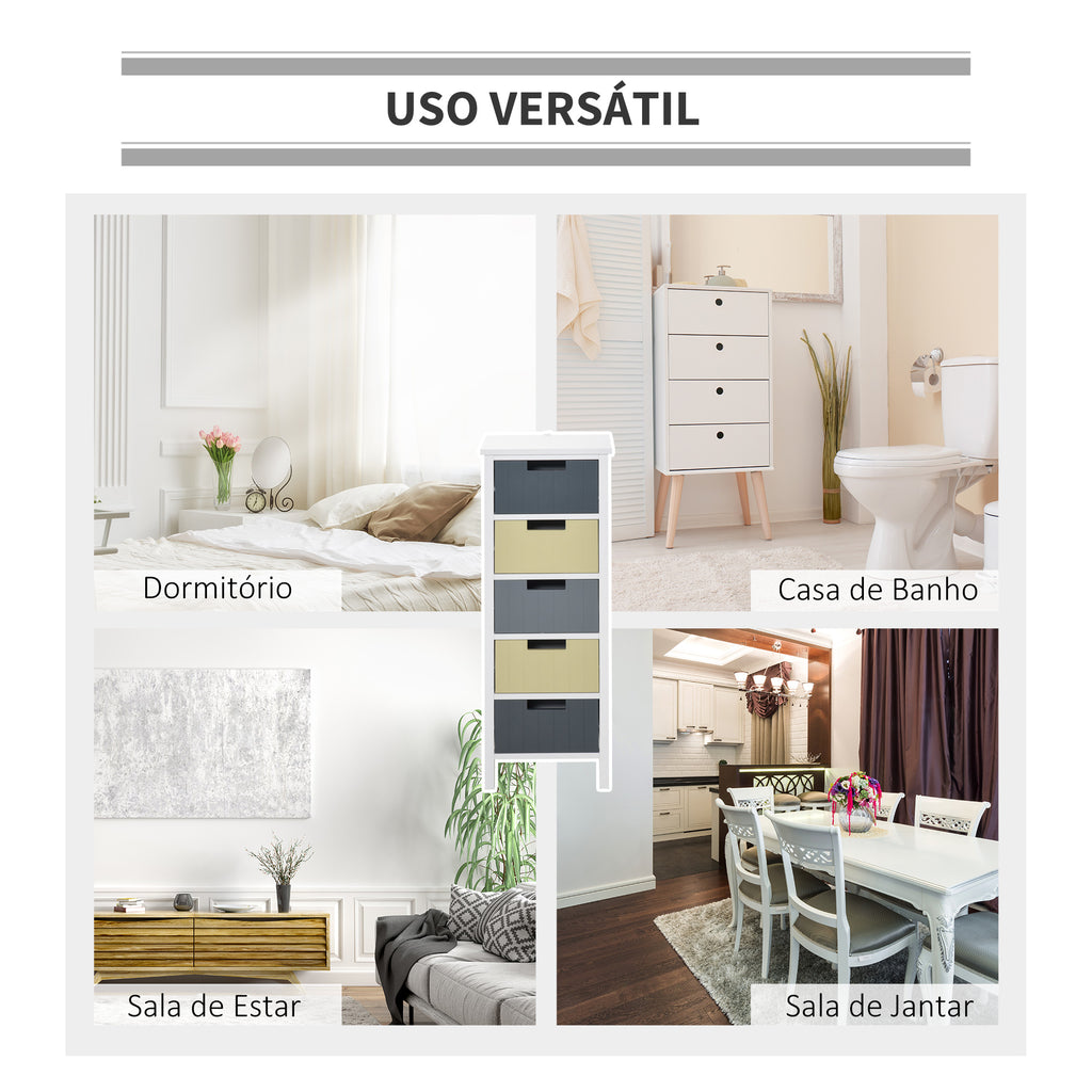 Cómoda de Madeira com 5 Gavetas Cómoda Auxiliar de Armazenamento com Pés Elevados Estilo Moderno para Dormitório Sala de Estar Casa de Banho 35x28x90,5cm Multicor — foto 7