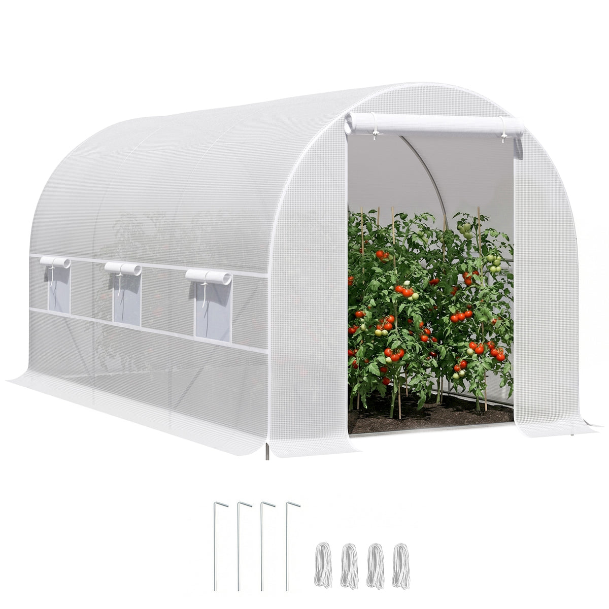 Estufa Tipo Túnel 400x200x200cm Estufa de Jardim com Portas Enroláveis e 6 Janelas Cobertura de PE 140 g/m² Estrutura de Metal para Cultivo de Plantas Verduras Branco — foto 1