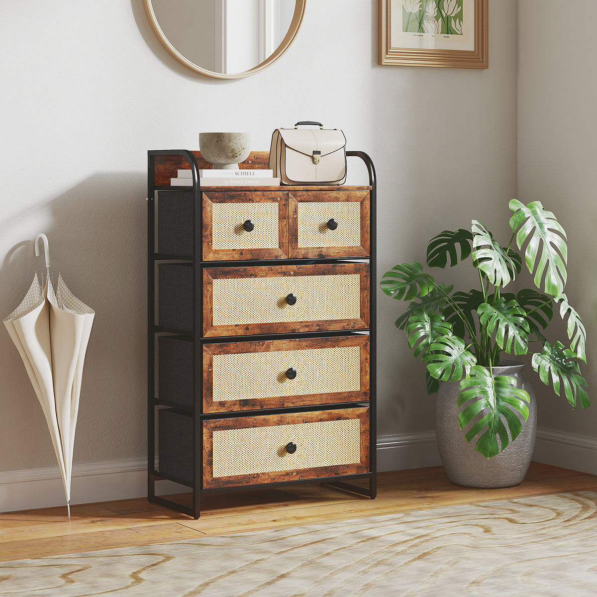 Cómoda de Tecido Cómoda para Dormitório com 5 Gavetas com Frente em Vime Prateleira e Estrutura em Aço para Sala de Estar 58x29x99 cm Marrom Rústico — foto 2