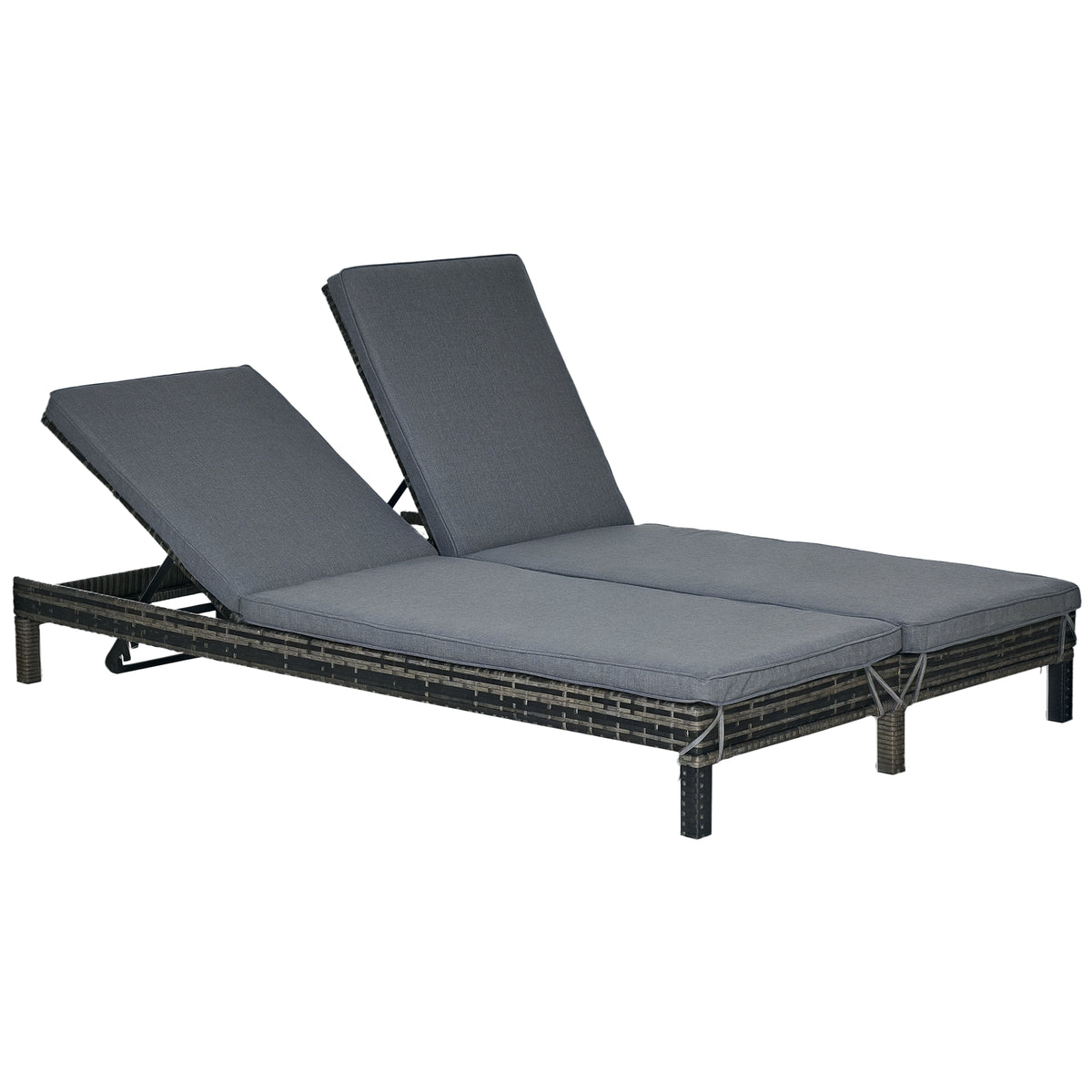 Conjunto de Espreguiçadeiras Exterior de Vime 2 Lugares com Almofadas Acolchoadas Resistente à Água com Encosto Ajustável em 5 Níveis Suporta 220kg 195x120x28cm Cinza — foto 1