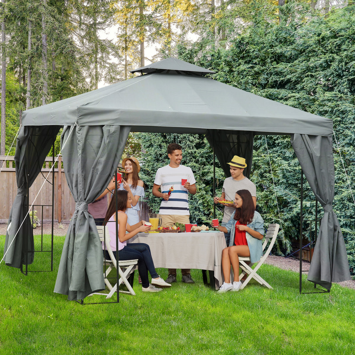 Pérgola de Jardim 3x3 Pérgola com 4 Cortinas Laterais Removíveis com Zíper 8 Orifícios de Drenagem e Duplo Teto Cinza Escuro — foto 2