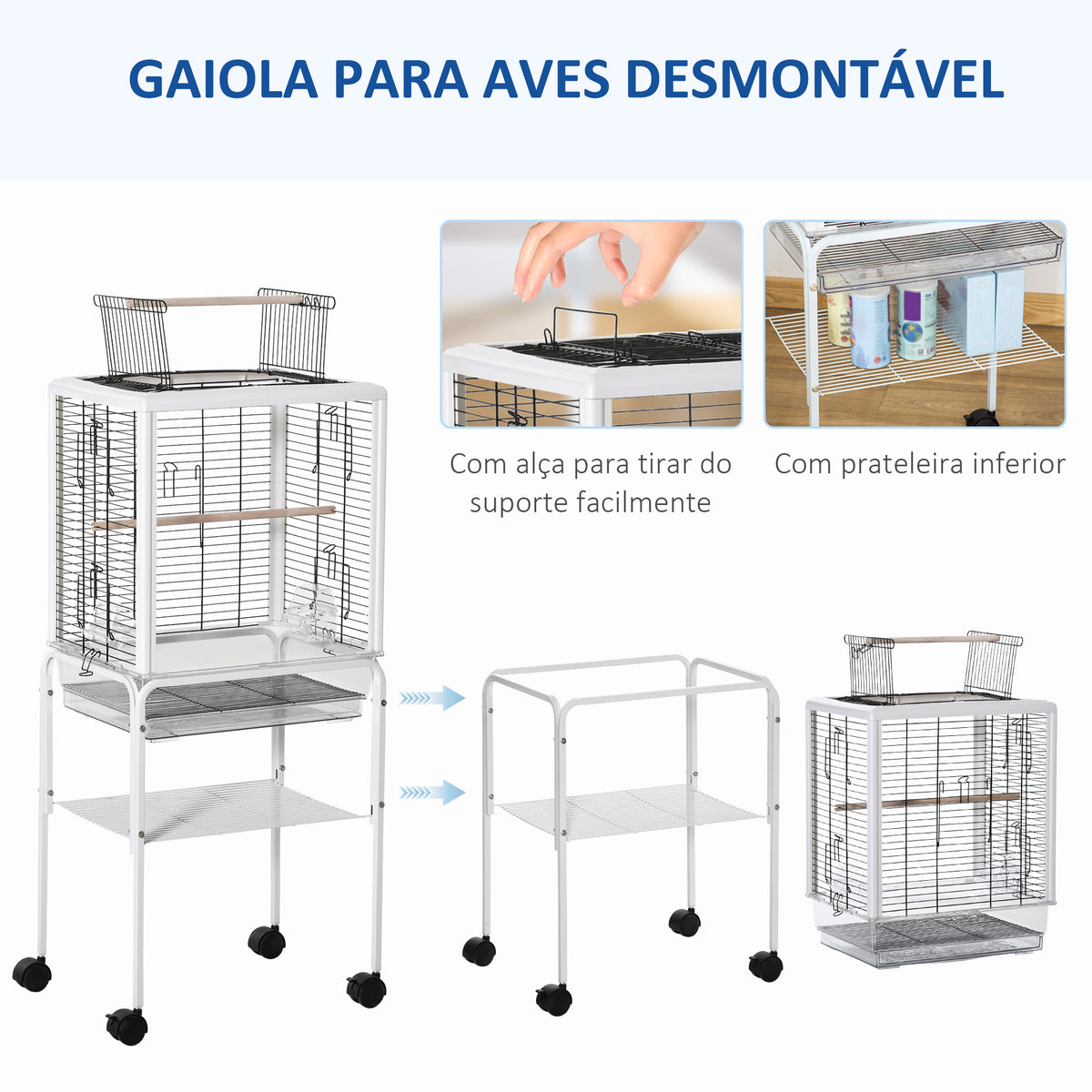Gaiola para Passáros com Suporte Desmontável Gaiola com 4 Rodas Teto com Abertura 2 Comedouros 2 Poleiros e Bandeja para Periquitos Canários 47x35x106,5cm Branco — foto 4