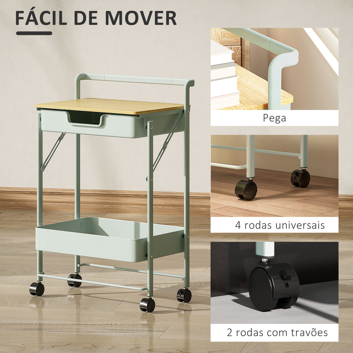 Carrinho Auxiliar com Rodas de 2 Níveis Carrinho de Cozinha com 1 Gaveta e 1 Cesto Carrinho Organizador para Dormitorio Sala Escritório 45x29,5x68 cm Verde Claro — foto 5